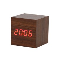 Wood Alarm Clock Digital LED Light Minimalist Mini Cube with Date and Temperature for Travel Kids Bedroom