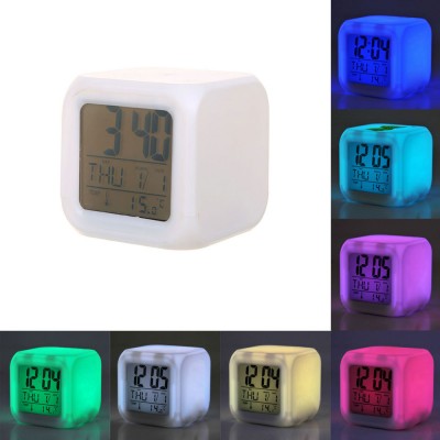 home type Night Glowing LED Cube 7 Alarm Clock with Thermometer and Calendar Display