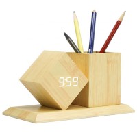 Alarm Clock LED Wooden Pen Holder Clock Voice Contr Luminous Electronic Alarm Clock